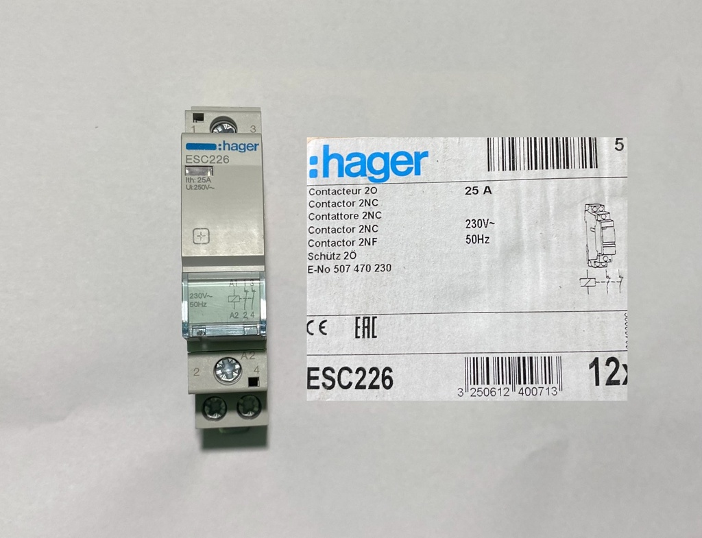 HAGER ESC226 CONTACTOR 2NC 25A 1MODULE (NORMALLY CLOSED TYPE)